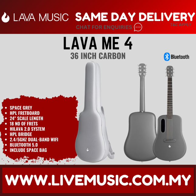 Lava Me 4 36" Carbon Fiber Smart Acoustic Electric Guitar With Touchscreen Effects And Space Bag-Grey