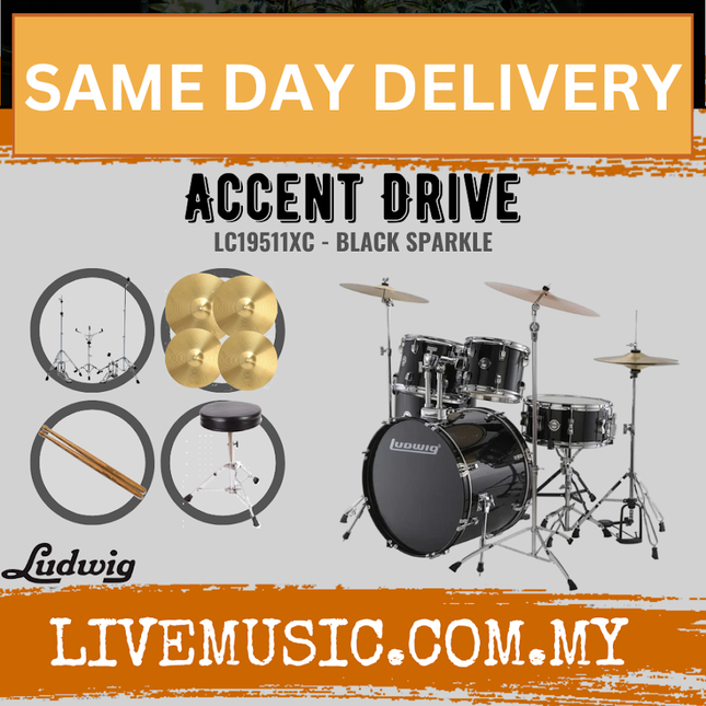 Black sparkle 5-piece drum set with cymbals and mounted toms