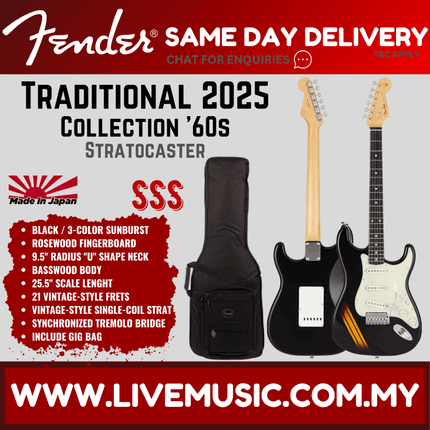 Fender Japan Traditional 2025 Collection 60s Stratocaster Guitar, RW FB, Black/3-Tone Sunburst