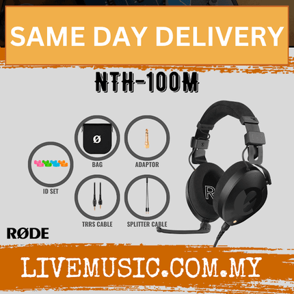 Rode NTH-100M over-ear headset with bag, adaptor, TRRS cable, splitter cable, and ID set