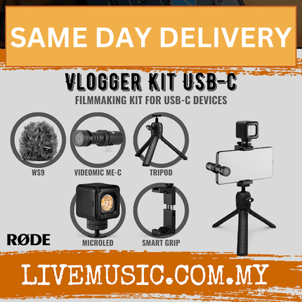 Rode Vlogger Kit USB-C with tripod, phone grip, mic, light, and windscreen
