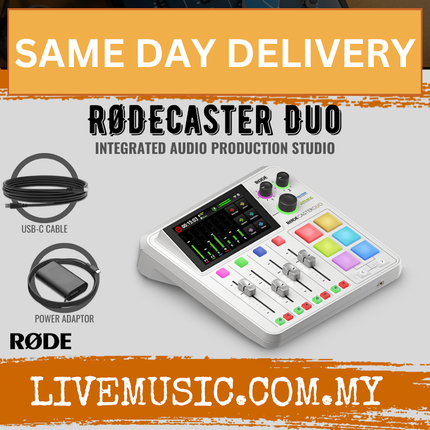 RODE RODECaster Duo integrated audio production studio console, white with controls and knobs