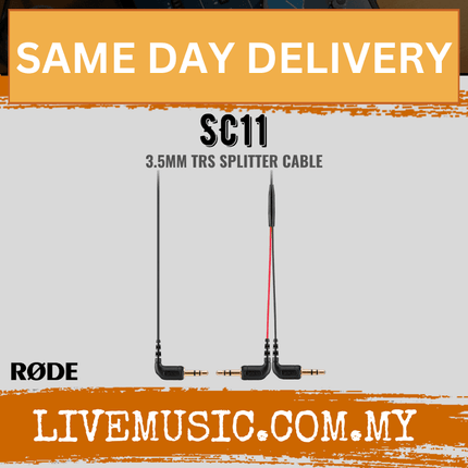 Rode SC11 3.5mm TRS Y-splitter cable with two right-angle plugs, black.