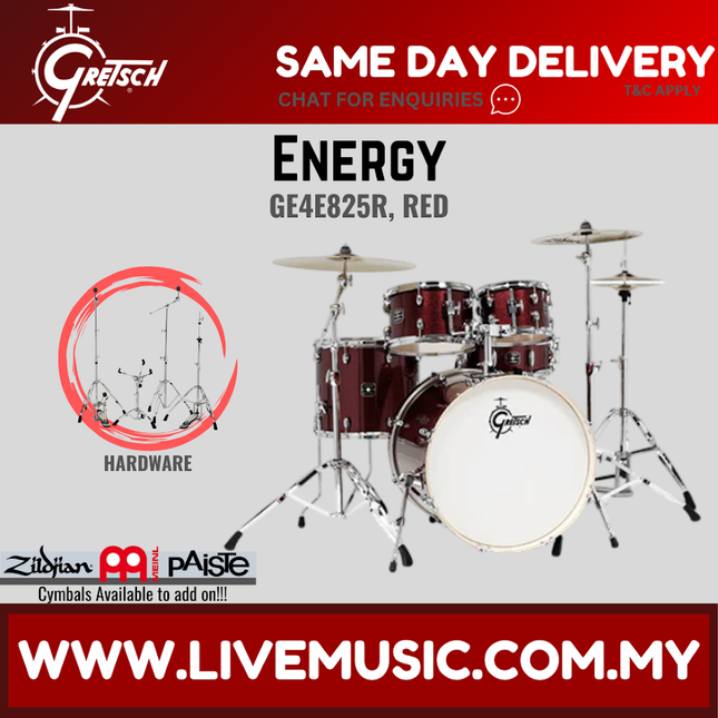 Red 5-piece drum set with bass drum, toms, snare, and cymbals