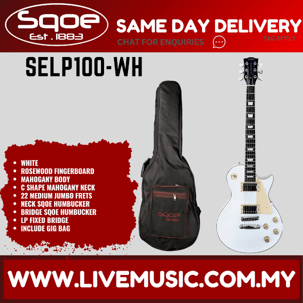 White electric Les Paul-style guitar with rosewood fretboard and included gig bag
