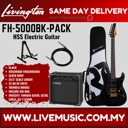 Black HSS electric guitar set with amp, cable, stand, and gig bag