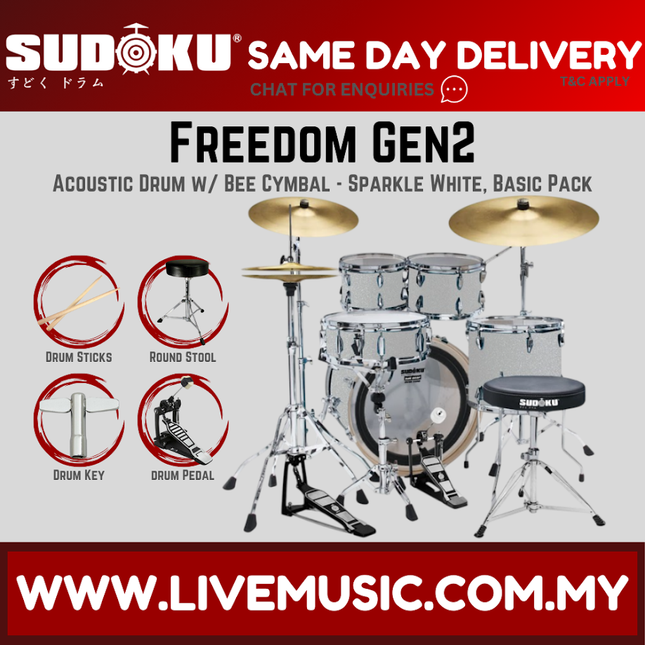 Sudoku Freedom Gen2 Acoustic Drum Set with Cymbals, Throne, Pedal - Basic Pack