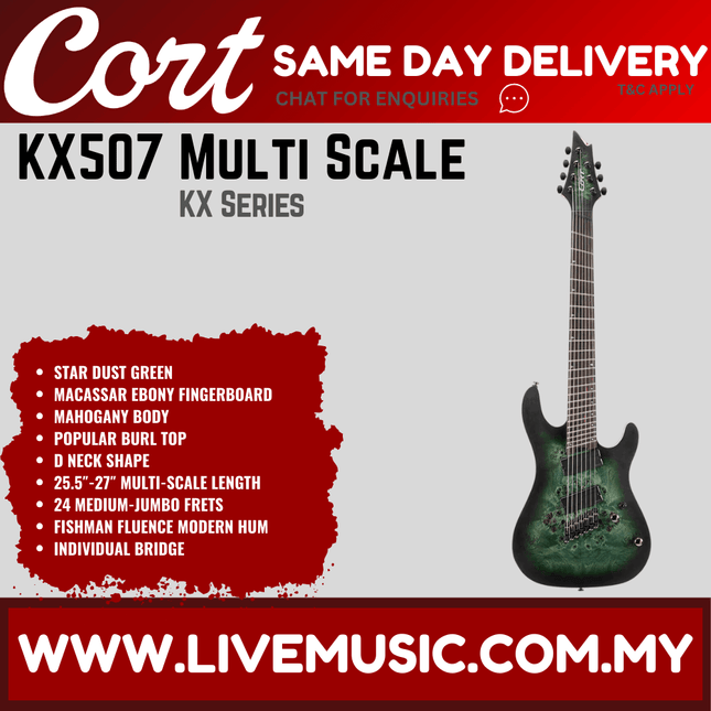CORT KX507MS-SDG 7 String Mahogany Body Macassar Ebony Electric Guitar With Bag - Star Dust Green ( KX507MSSDG / KX507 MS SDG )