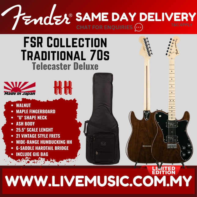 Walnut Telecaster Deluxe electric guitar with maple fretboard and black pickguard, gig bag