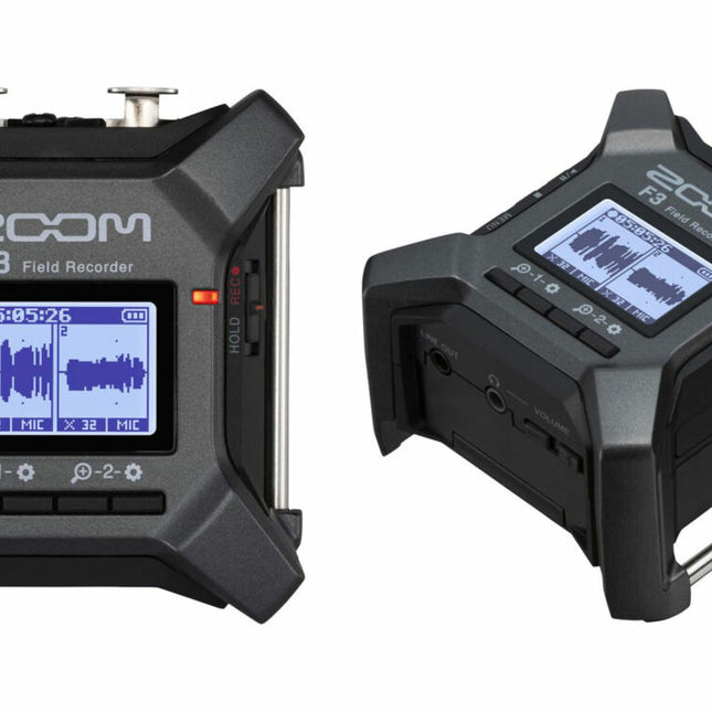 Zoom F3 field recorder front and side view, LCD display and input ports