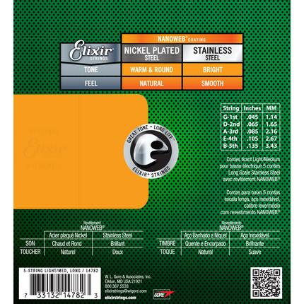 Elixir 14782 Nanoweb Coated Stainless Steel 5-String Electric Bass Guitar String (45-135)