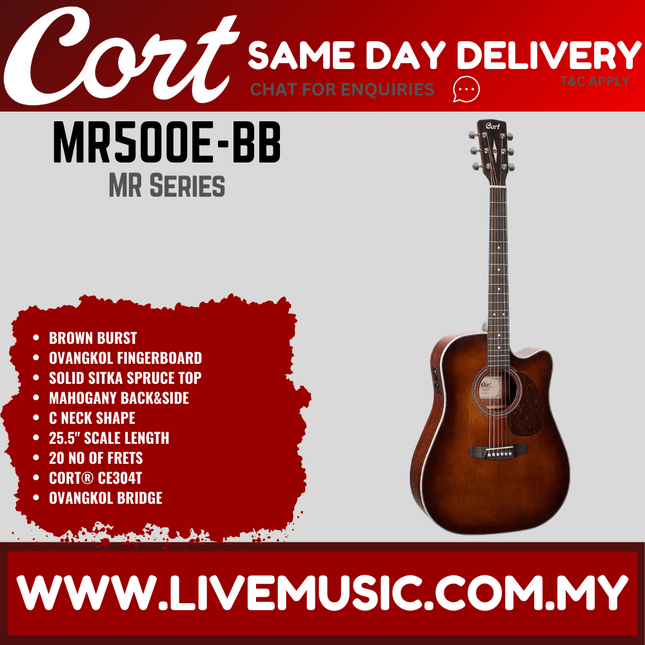 Cort MR500E-BRB Dreadnought Solid Top Acoustic Electric Guitar with Bag - ( MR500 E / MR-500E )