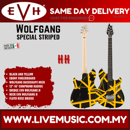 EVH Wolfgang Special Striped Series Electric Guitar, Ebony FB, Satin Striped Black/Yellow
