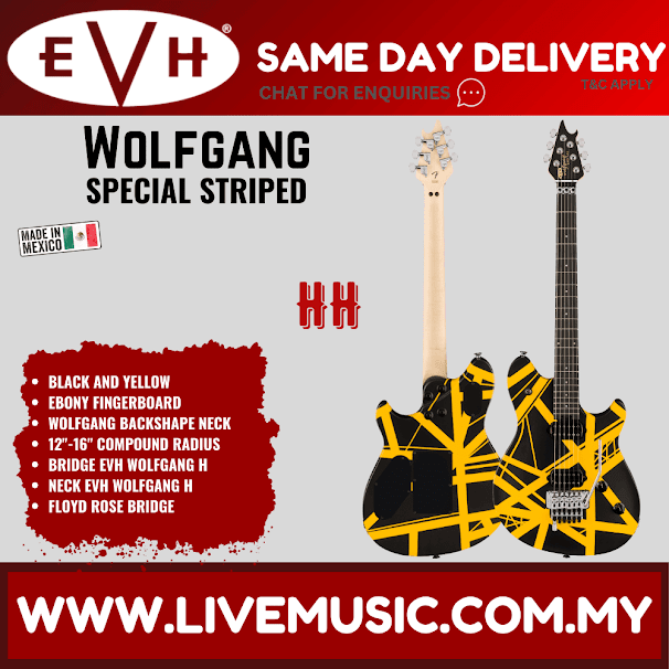 EVH Wolfgang Special Striped Series Electric Guitar, Ebony FB, Satin Striped Black/Yellow