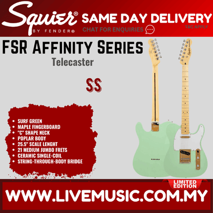 Squier FSR Affinity Series Telecaster Electric Guitar, Maple FB, Surf Green