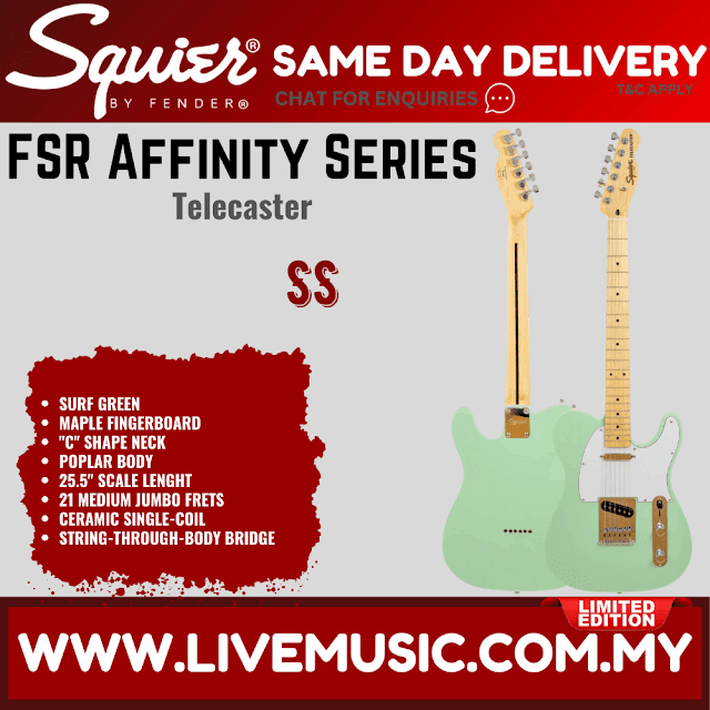 Squier FSR Affinity Series Telecaster Electric Guitar, Maple FB, Surf Green