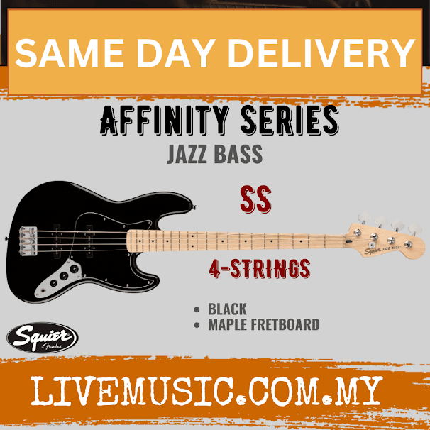 Squier Affinity Series Jazz Bass Guitar, Maple Fretboard - Black