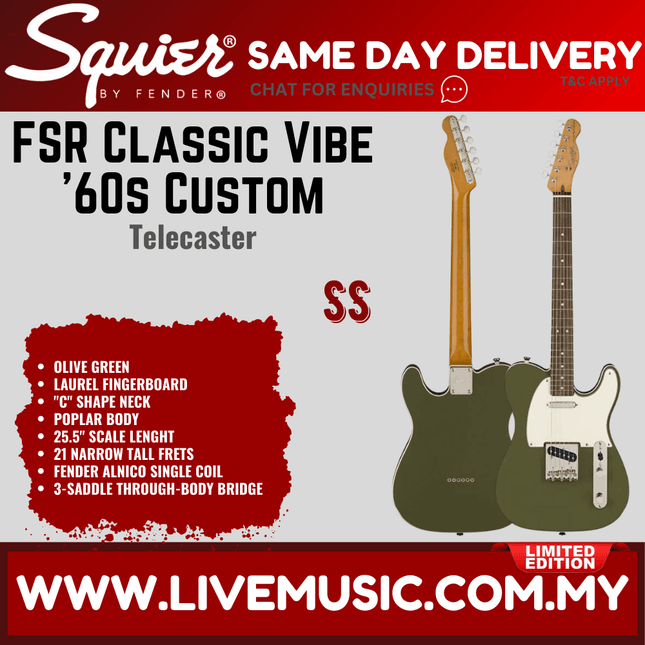 Squier FSR Classic Vibe 60s Custom Telecaster Electric Guitar, Indian Laurel FB, Olive Green