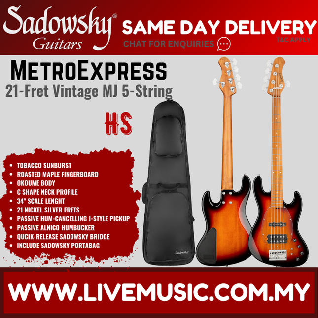 Sadowsky MetroExpress 21-Fret Vintage M/J 5-String Bass Guitar, Roasted Maple FB, Tobacco Sunburst
