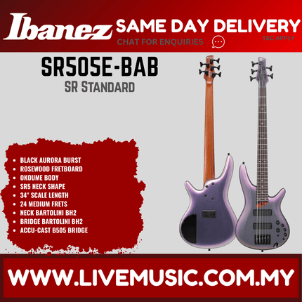 Ibanez SR505E 5-string electric bass guitar, purple glossy burst finish, dual pickups