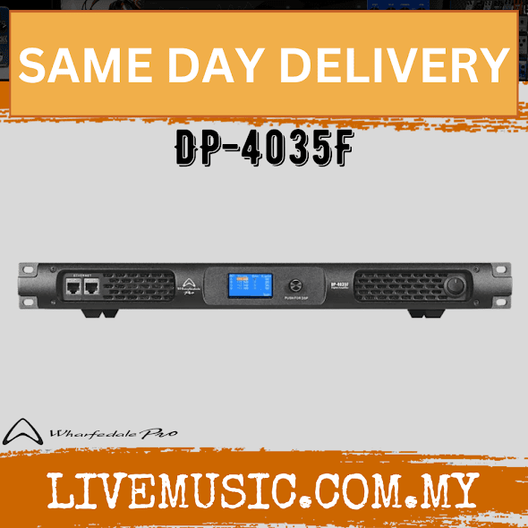 Black audio amplifier front panel with DP-4035F branding and control ports