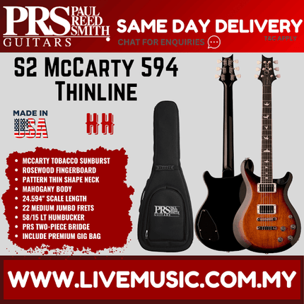 PRS S2 McCarty 594 ThinLine Electric Guitar with Bag-Mccarty Tobacco Sunburst