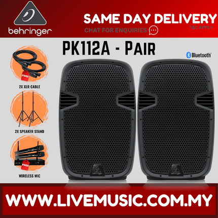 Behringer PK112A Active 600W 12" PA Speaker System w/Bluetooth w/Wireless Mic, Speaker Stand & Cable - (PK-112A PK 112A)