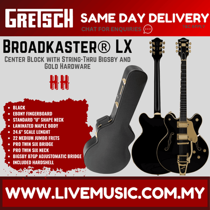 Gretsch Broadkaster LX Center Block Guitar w/String-Thru Bigsby & Gold Hardware, Black