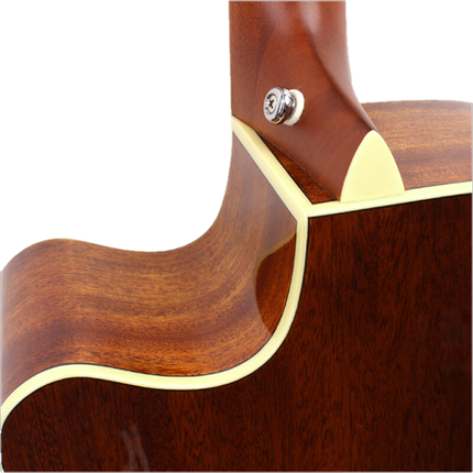 Acoustic-electric guitar neck joint with cream binding and strap button