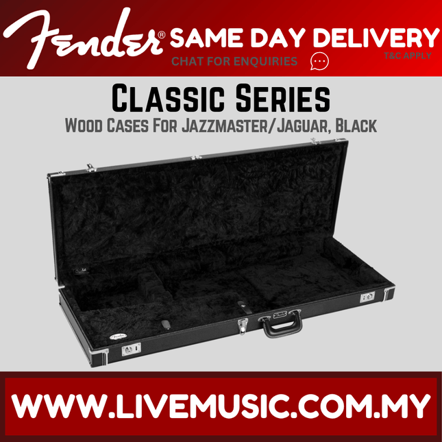 Black wood guitar case with hinged lid and metal handle