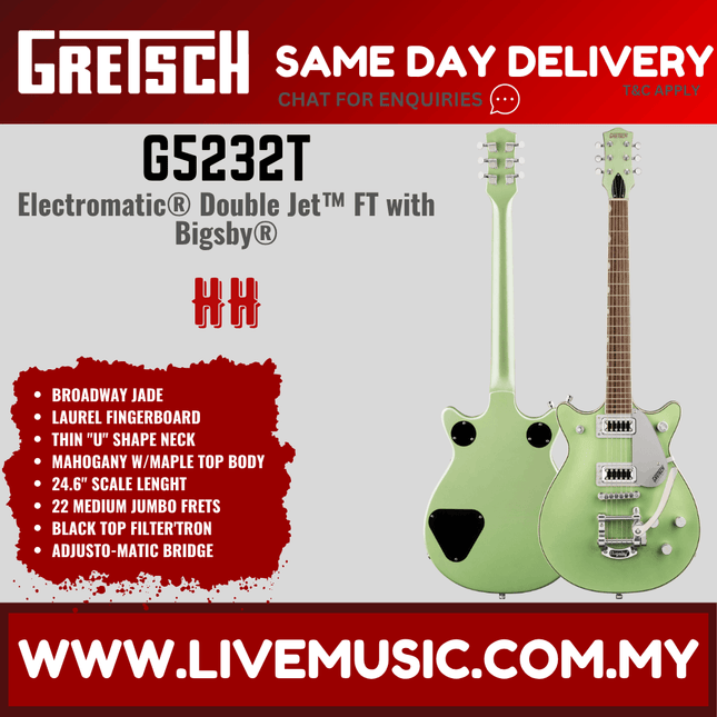 Gretsch G5232T Electromatic Double Jet FT Electric Guitar w/Bigsby, Laurel FB, Broadway Jade