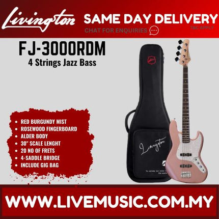 Livingston JB-3000 4-String Jazz Bass Guitar, Rosewood Fretboard, w/Gig Bag ( JB 3000  )-Red burgundy Mist