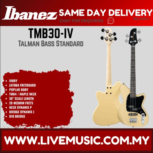 Ibanez TMB30 Talman Standard 4-String Electric Bass Guitar - Ivory (TMB30-IV TMB30-MGR TMB30-BK)