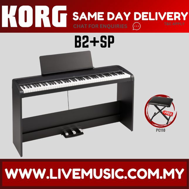 Black 88-key digital piano with keyboard and front panel, includes sustain pedal