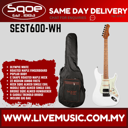 White Stratocaster-style HSS electric guitar with roasted maple fretboard and case