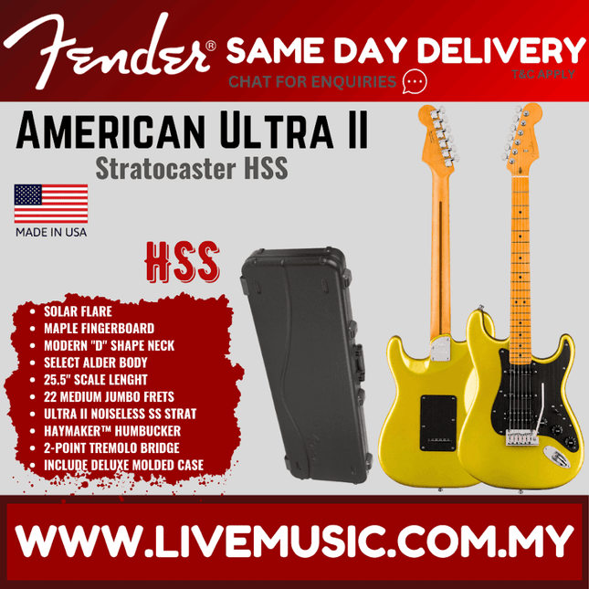 Gold electric guitar with maple fretboard and HSS humbuckers, tremolo bridge