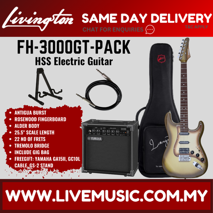 Livingston FH-3000-PACK Stratocaster HSS Electric Guitar w/GA15II Amplifier, Roasted Maple Fretboard - Antigua Burst( FH3000 FH 3000 )