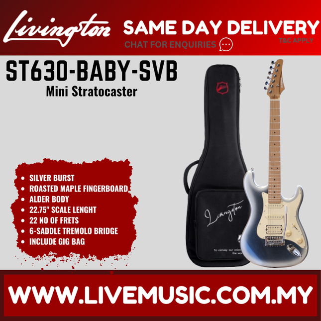 Livingston ST630-BABY Stratocaster HSS Baby Electric Guitar w/GA15II Amplifier, Roasted Maple FB,w/Gig Bag-Silver Burst (ST630BABY ST-630 ST 630)