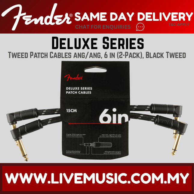 Fender Deluxe Series 6 in black tweed patch cables, 2-pack with angled connectors