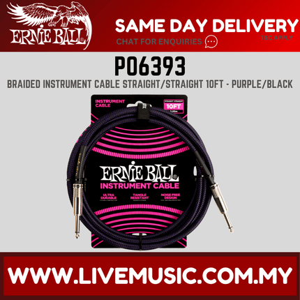 Ernie Ball 6393 Braided Straight to Straight Instrument Cable, Purple Black, 10ft