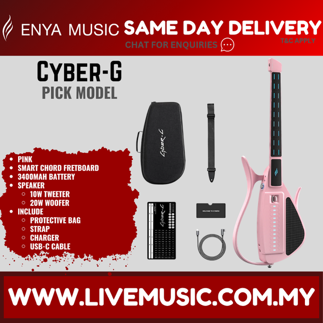 Pink stringless electric guitar with Cyber-G pick model, accessories and carrying case