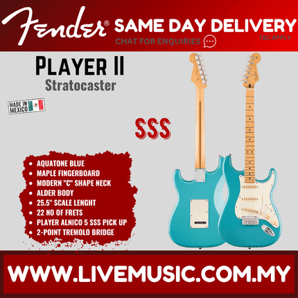 Fender Player II Stratocaster Electric Guitar, Maple FB, Aquatone Blue