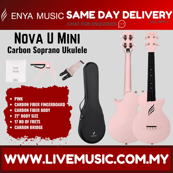Light pink mini soprano ukulele with black padded gig bag