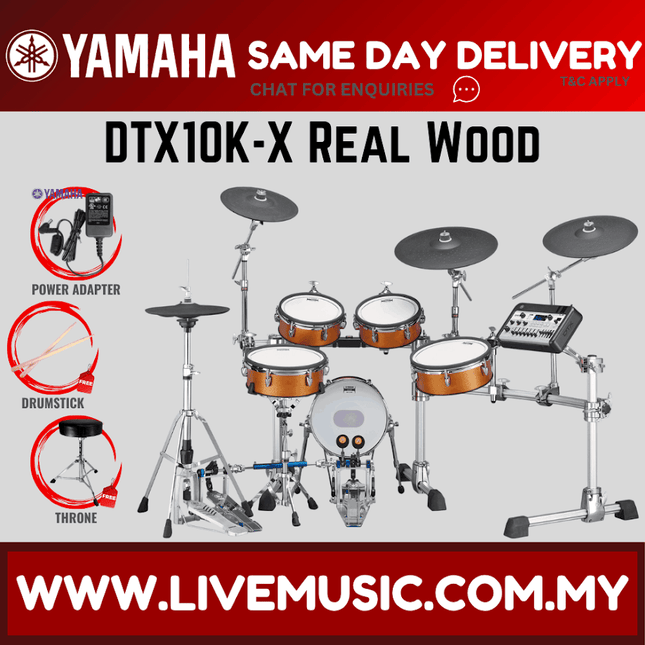 Electronic drum set with real wood finish, five-piece drum pads, cymbal pads and control module