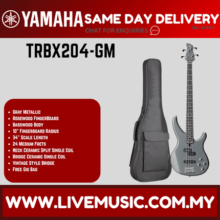 Yamaha TRBX204-4-string Electric Bass Guitar Package - Gray Metallic ( TRBX 204 / TRBX-204 )