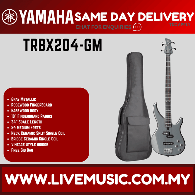 Yamaha TRBX204-4-string Electric Bass Guitar Package - Gray Metallic ( TRBX 204 / TRBX-204 )