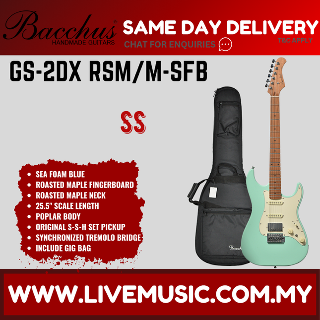 Sea foam green electric guitar with black gig bag, maple neck and pickups