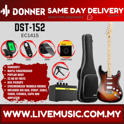Donner DST-152 Stratocaster HSS Electric Guitar w/Accessories, Maple Fretboard - Sunburst ( DST 152 DST152 )