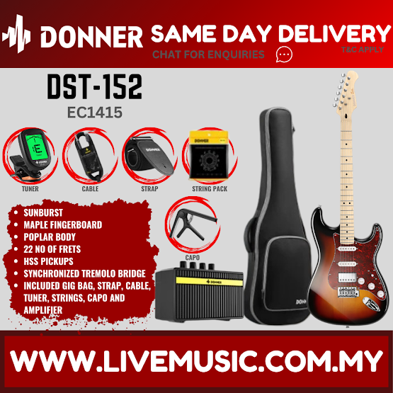 Donner DST-152 Stratocaster HSS Electric Guitar w/Accessories, Maple Fretboard - Sunburst ( DST 152 DST152 )