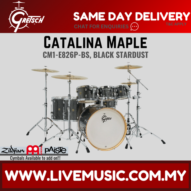 Black stardust 7-piece maple drum kit with bass drum, toms, and cymbals